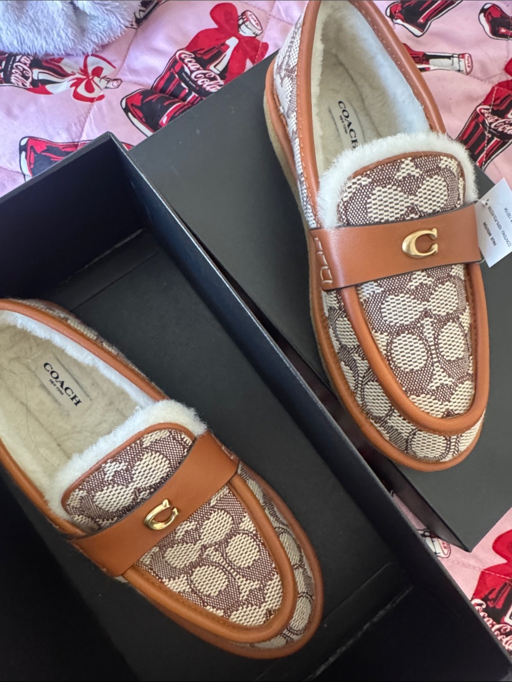 Coach Tan/Cream Signature Jacquard Shearling Loafers